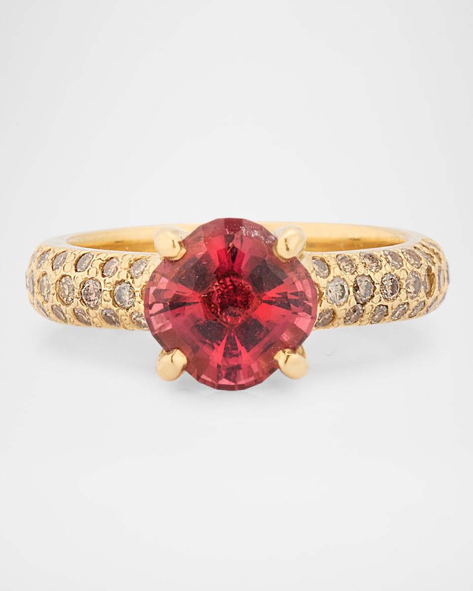 18K Yellow Gold Pave Diamond and Pink Garnet Ring